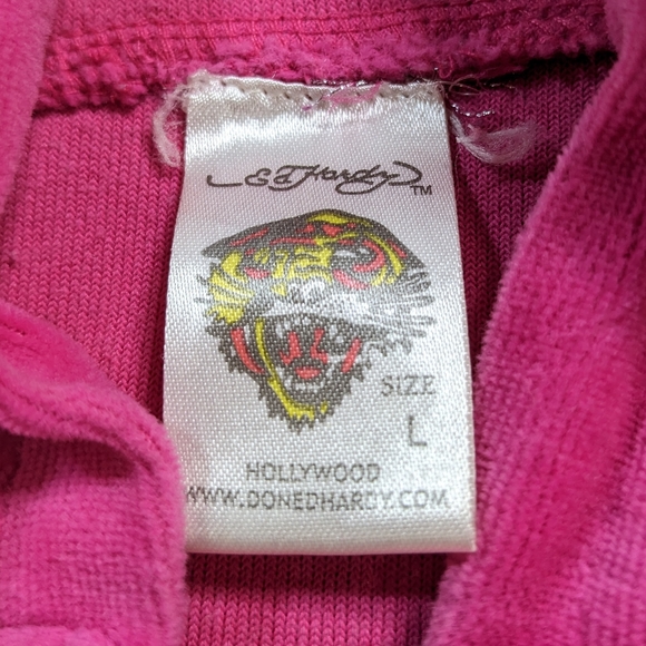 Ed Hardy Y2K pink velvet rhinestone heart wings flowers zip up hoodie L - Picture 10 of 11